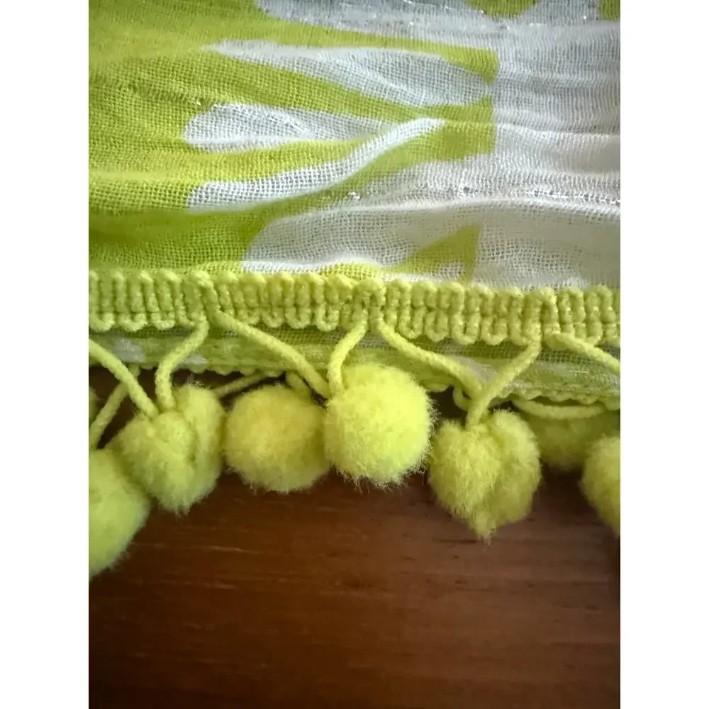 NEW LOFT Lime Green White Pom Pom Infinity Scarf Cotton Blend Metallic Shimmer